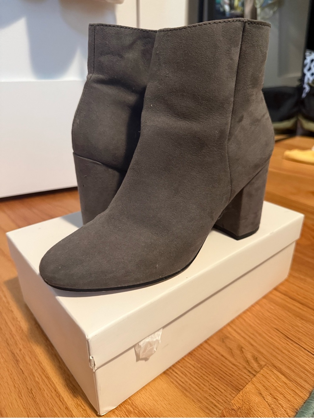 Express Grey Suede Block Heel Ankle Boots